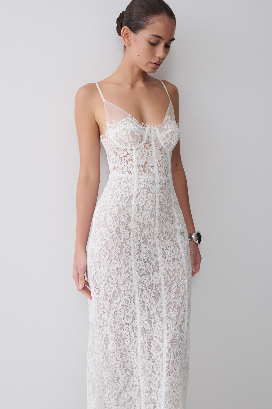 Ottilie Lace And Mesh Midi Dress - White