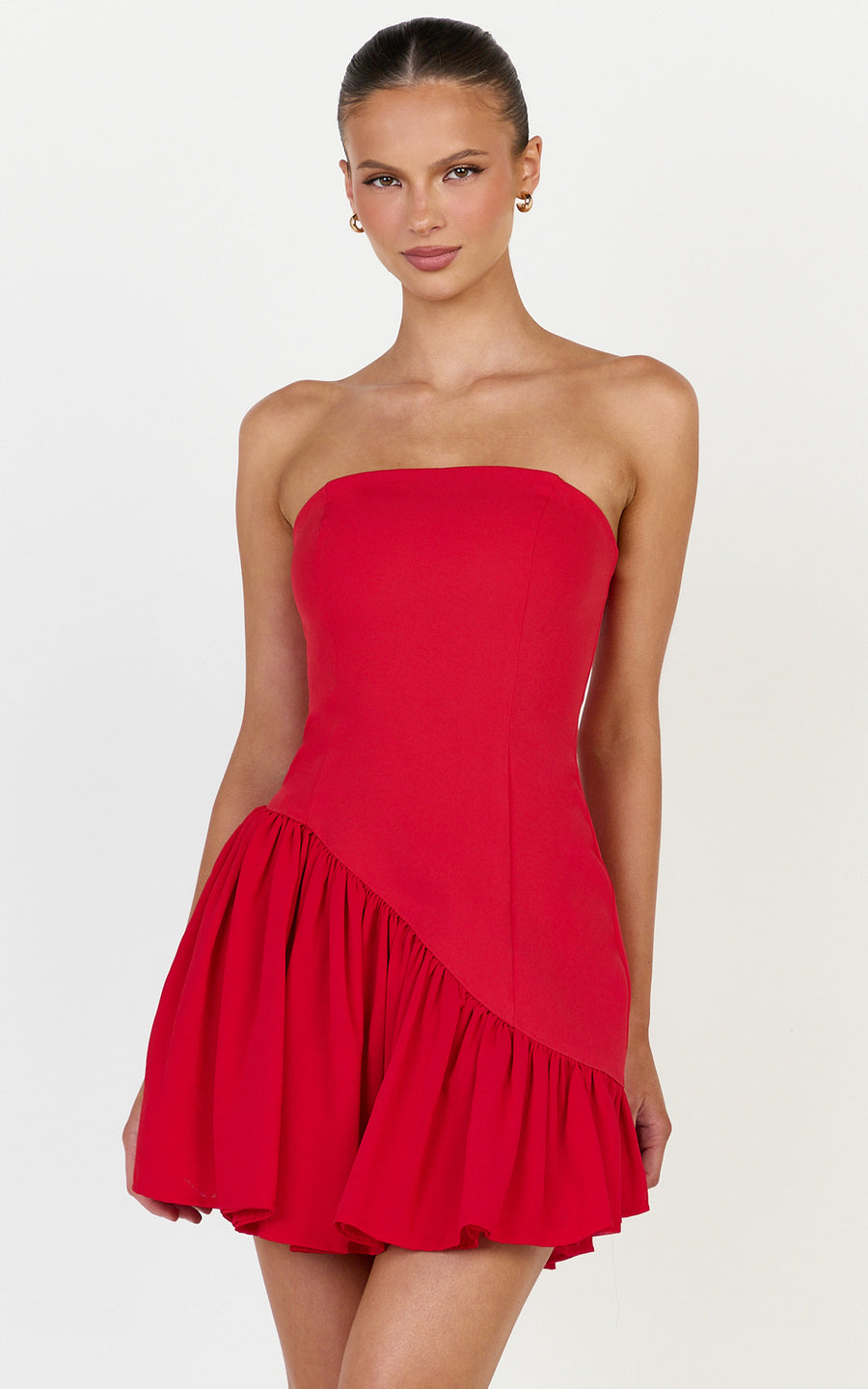 Calla Mini Dress - Strapless Gathered Asymmetric Dropped Waist Dress in Red