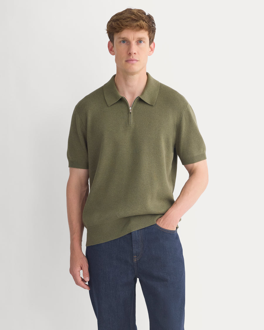 No-Sweat Textured Zip Polo | Heathered Olive Night
