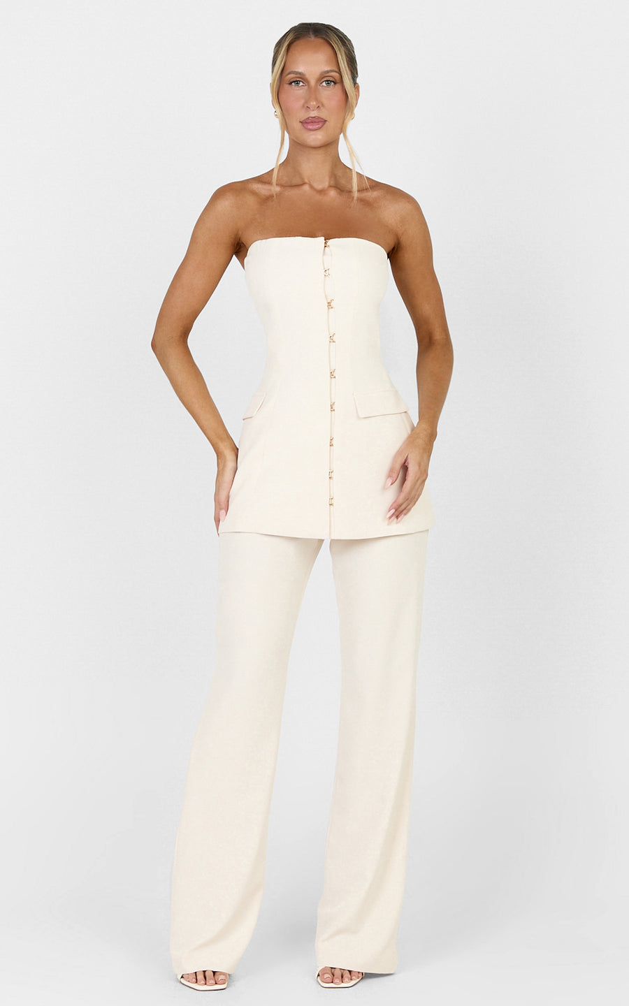 Seina Two Piece Top and Pants Set - Strapless Long Line Top And Low Waisted Tapered Pants Set in Off White