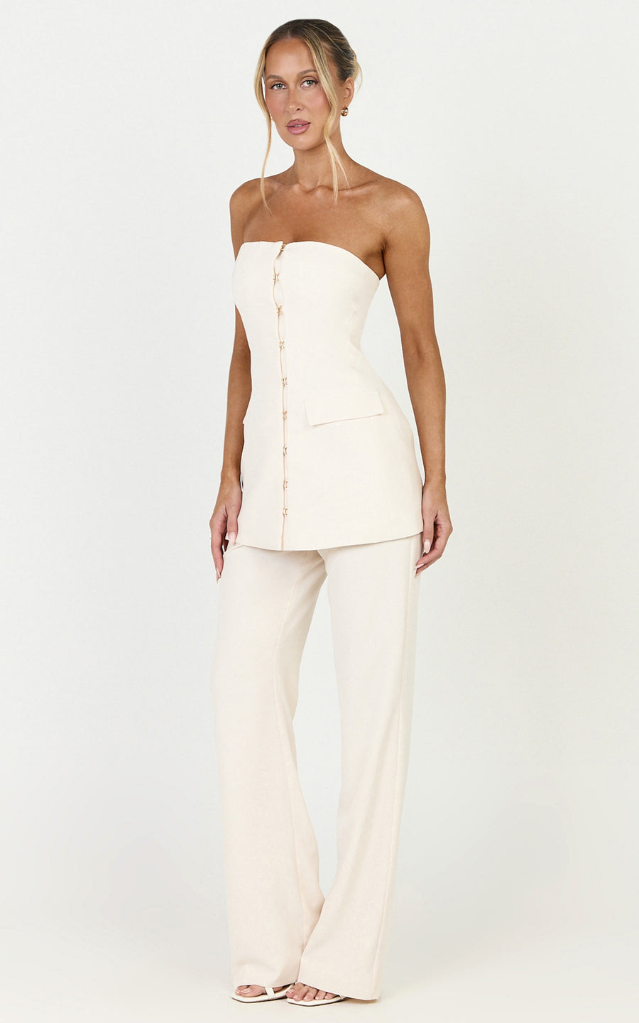 Seina Two Piece Top and Pants Set - Strapless Long Line Top And Low Waisted Tapered Pants Set in Off White