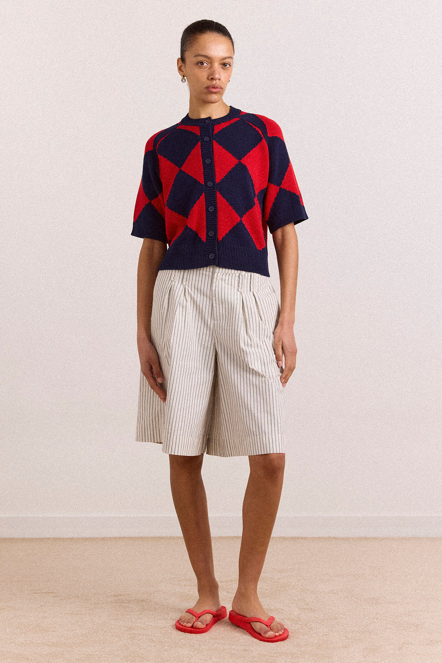 Edie Cotton Harlequin Cardigan - Red & Navy