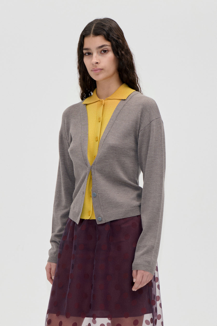 Layered Long Sleeve Cardigan - Grey / Mustard