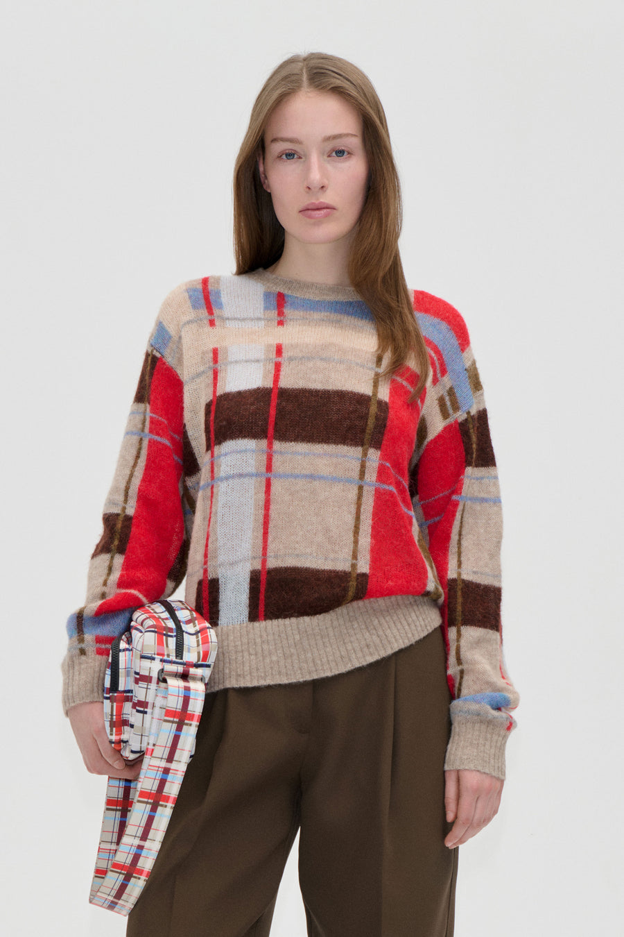 Long Sleeve Crewneck Knit - Scarlet Grid