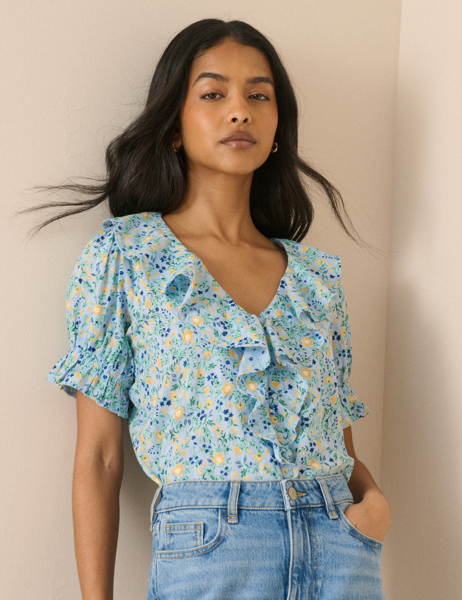 Blue Floral Ruffle Trim Top