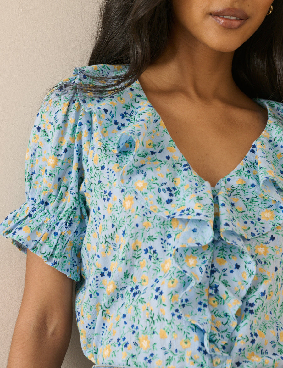 Blue Floral Ruffle Trim Top