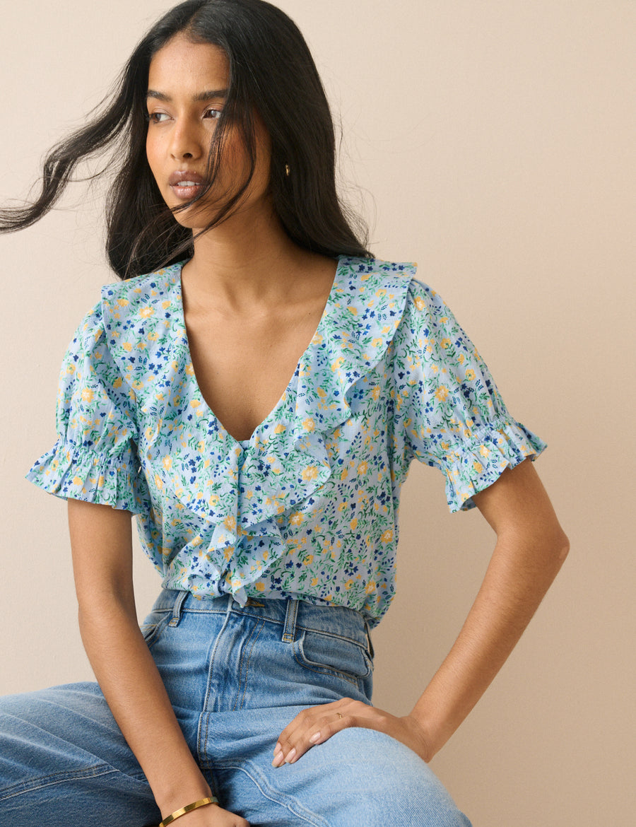 Blue Floral Ruffle Trim Top