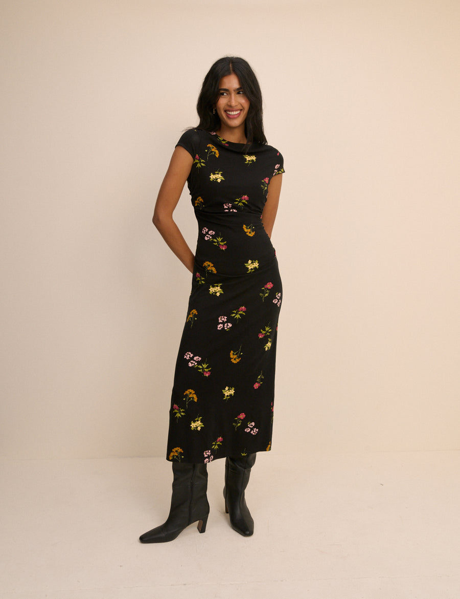 Black Floral Jersey Laurella Midi Dress