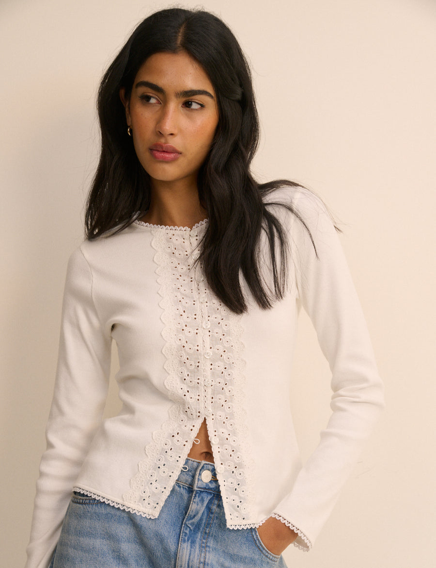 White Broderie Trim Cardigan
