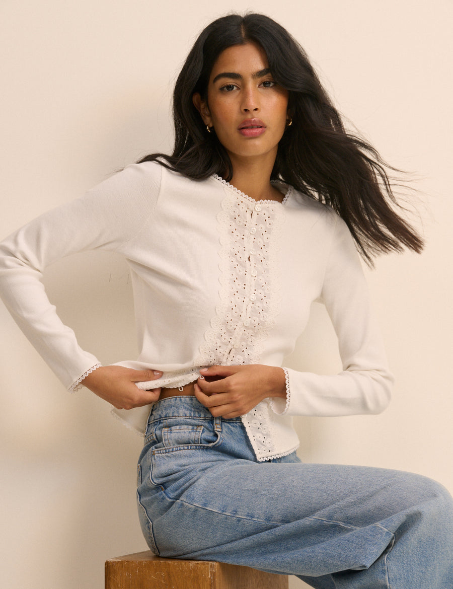 White Broderie Trim Cardigan