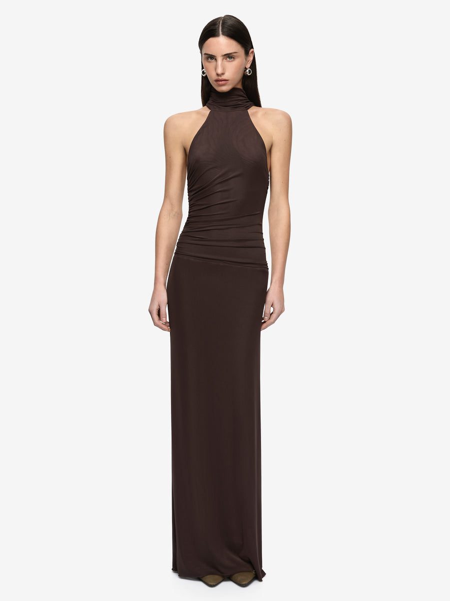XANTHI HALTER MAXI DRESS - BITTER CHOC
