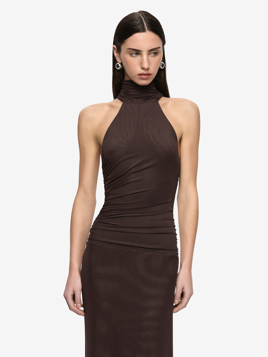 XANTHI HALTER MAXI DRESS - BITTER CHOC