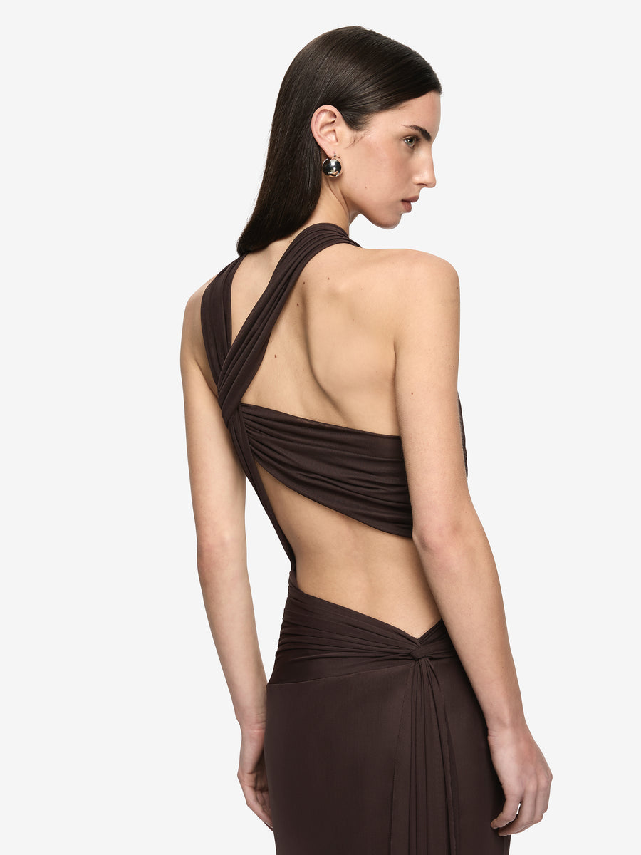 XANTHI HALTER MAXI DRESS - BITTER CHOC