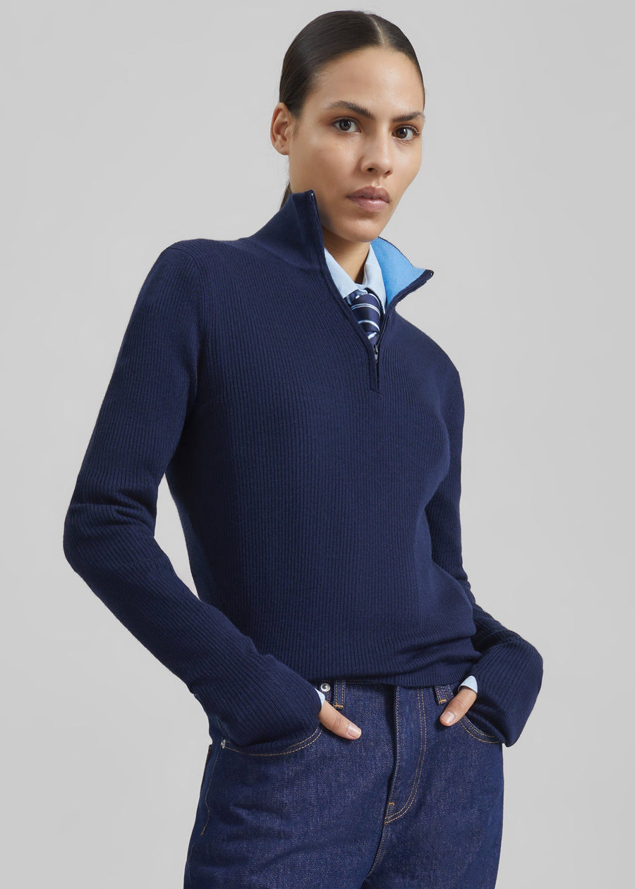 Sade Knit Zip Sweater - Dark Navy/Light Blue