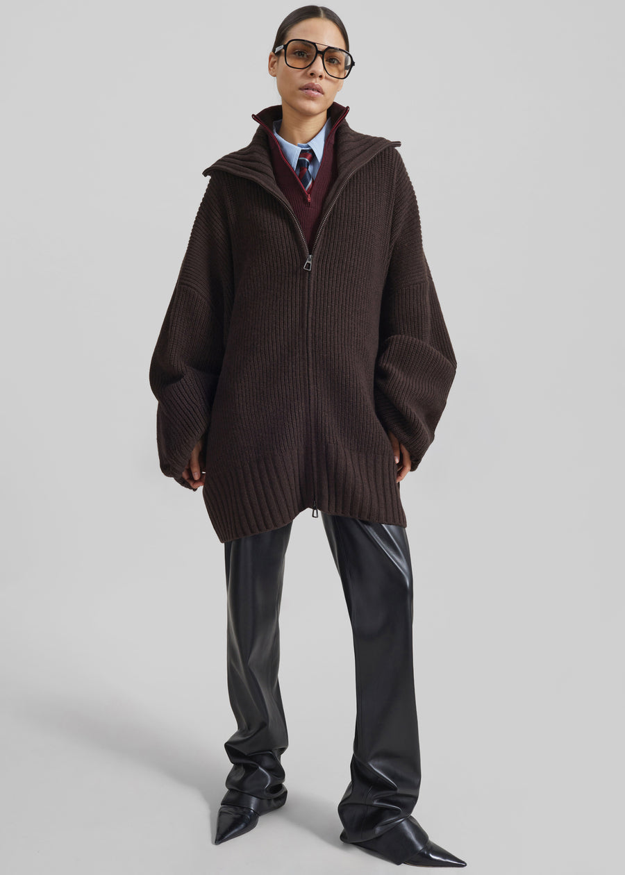 Veda Oversized Zip-Up Cardigan - Brown
