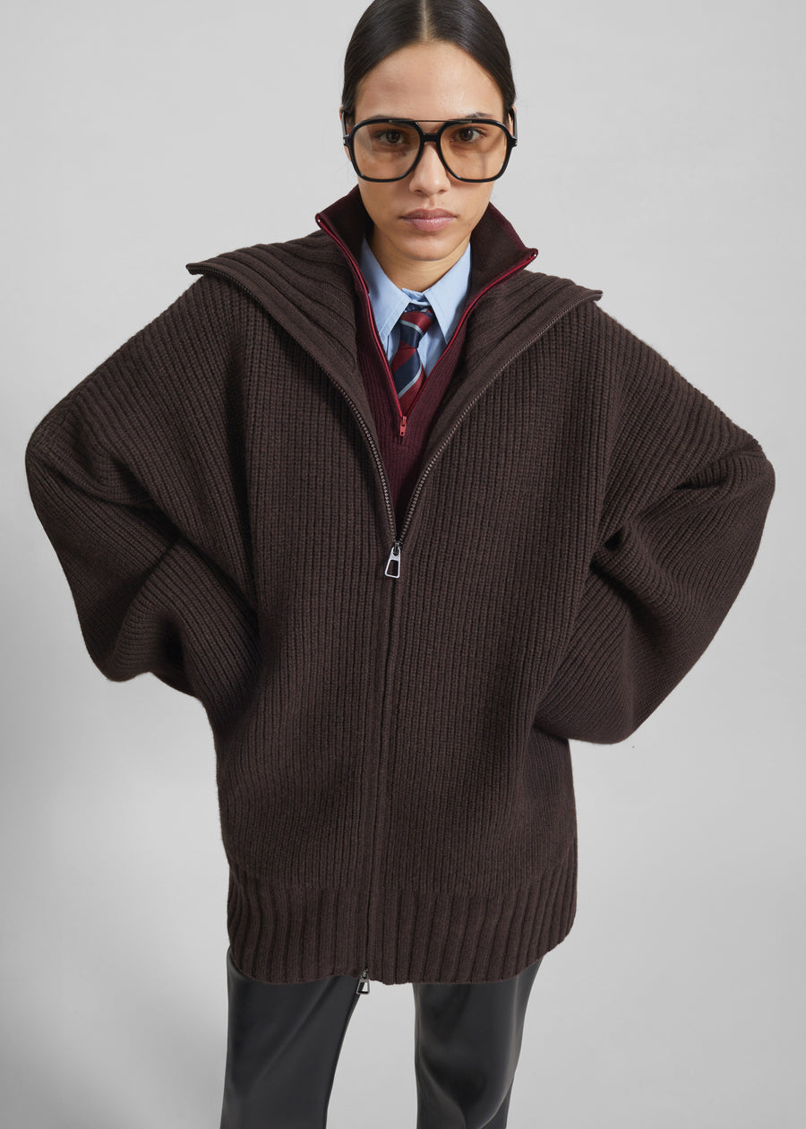 Veda Oversized Zip-Up Cardigan - Brown