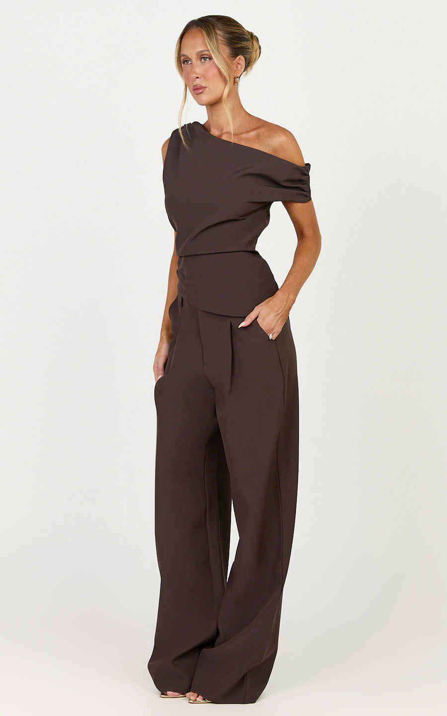 Valentina Two Piece Top and Pants Set - Off Shoulder Asymmetric Hem Top And Wide Leg Pants Set in Dark Chocolate