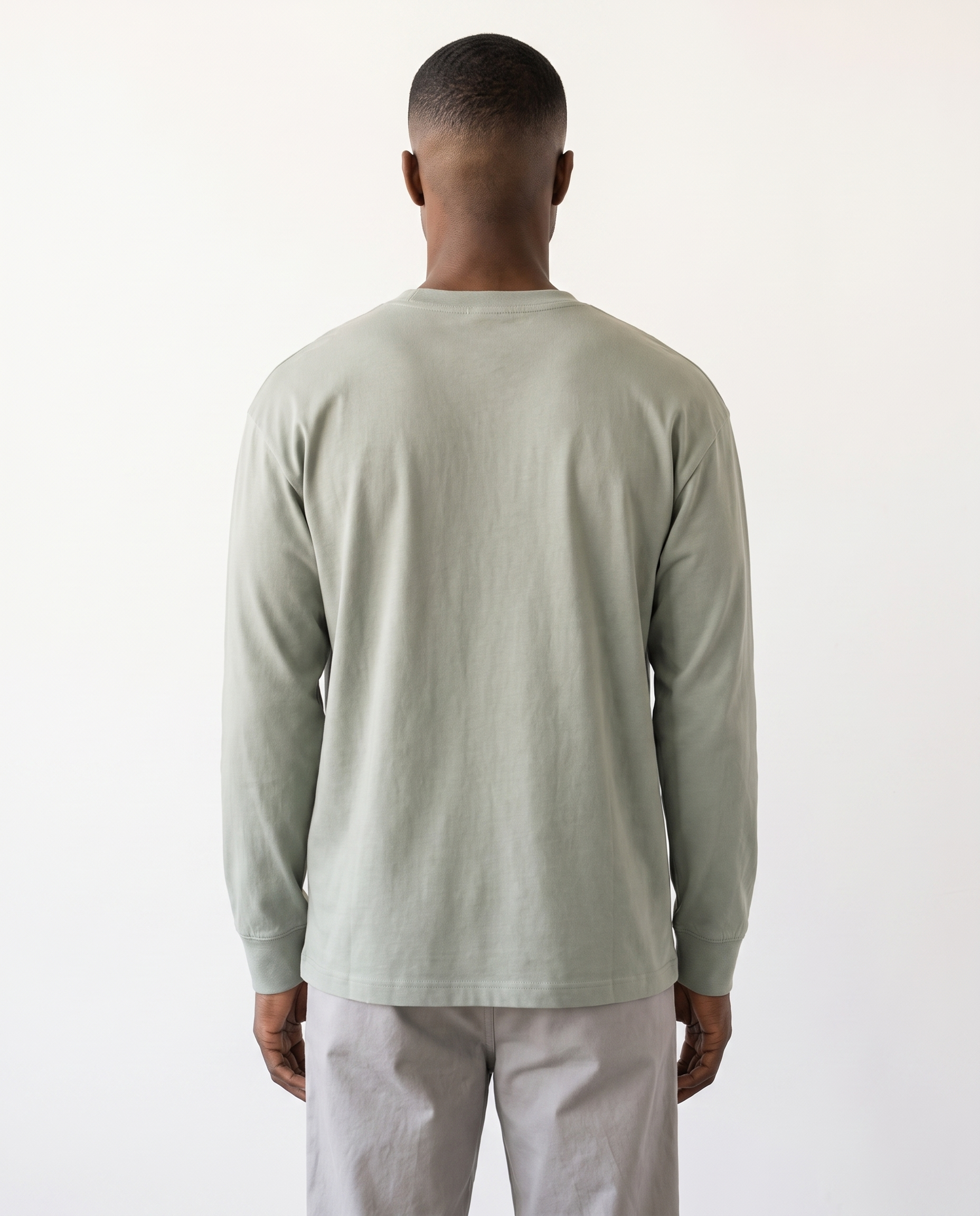 The Heavy Long Sleeve in gray green, back view