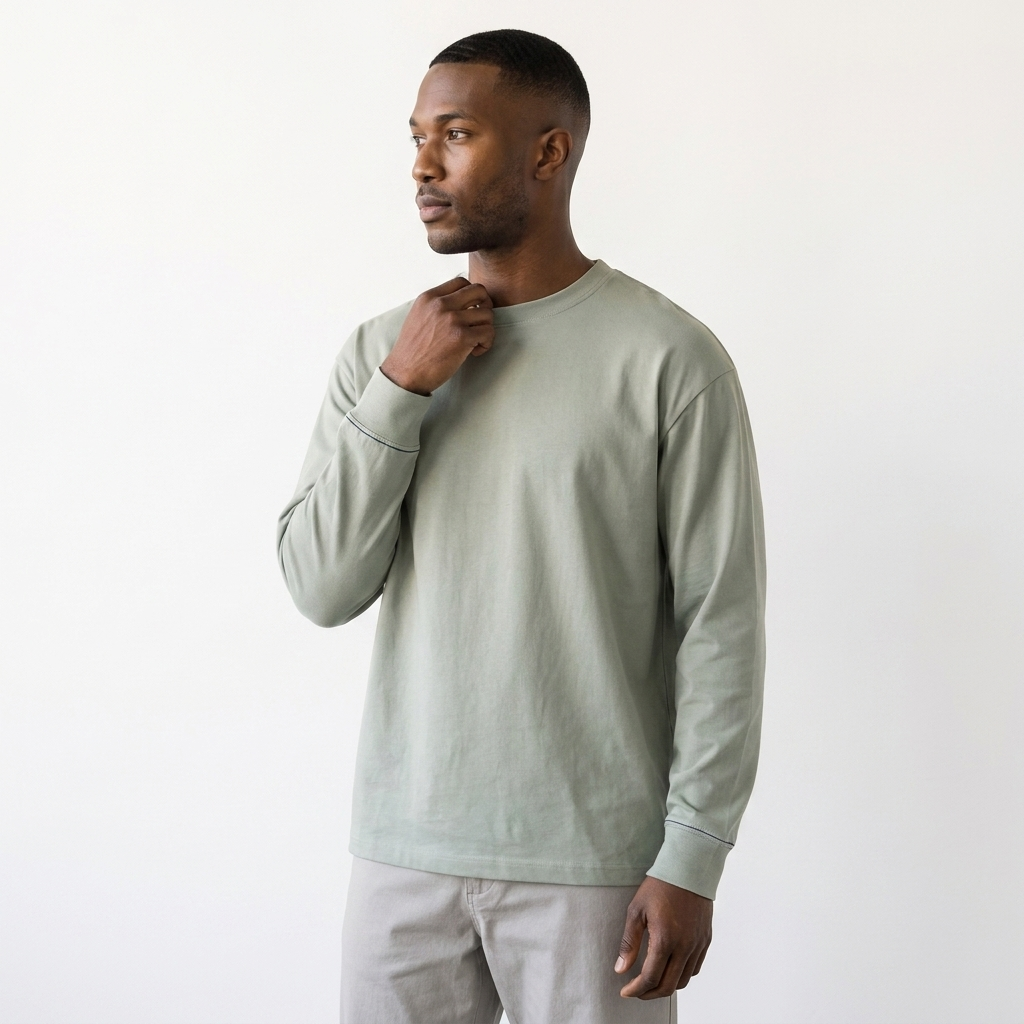 The Heavy Long Sleeve in gray green, side view
