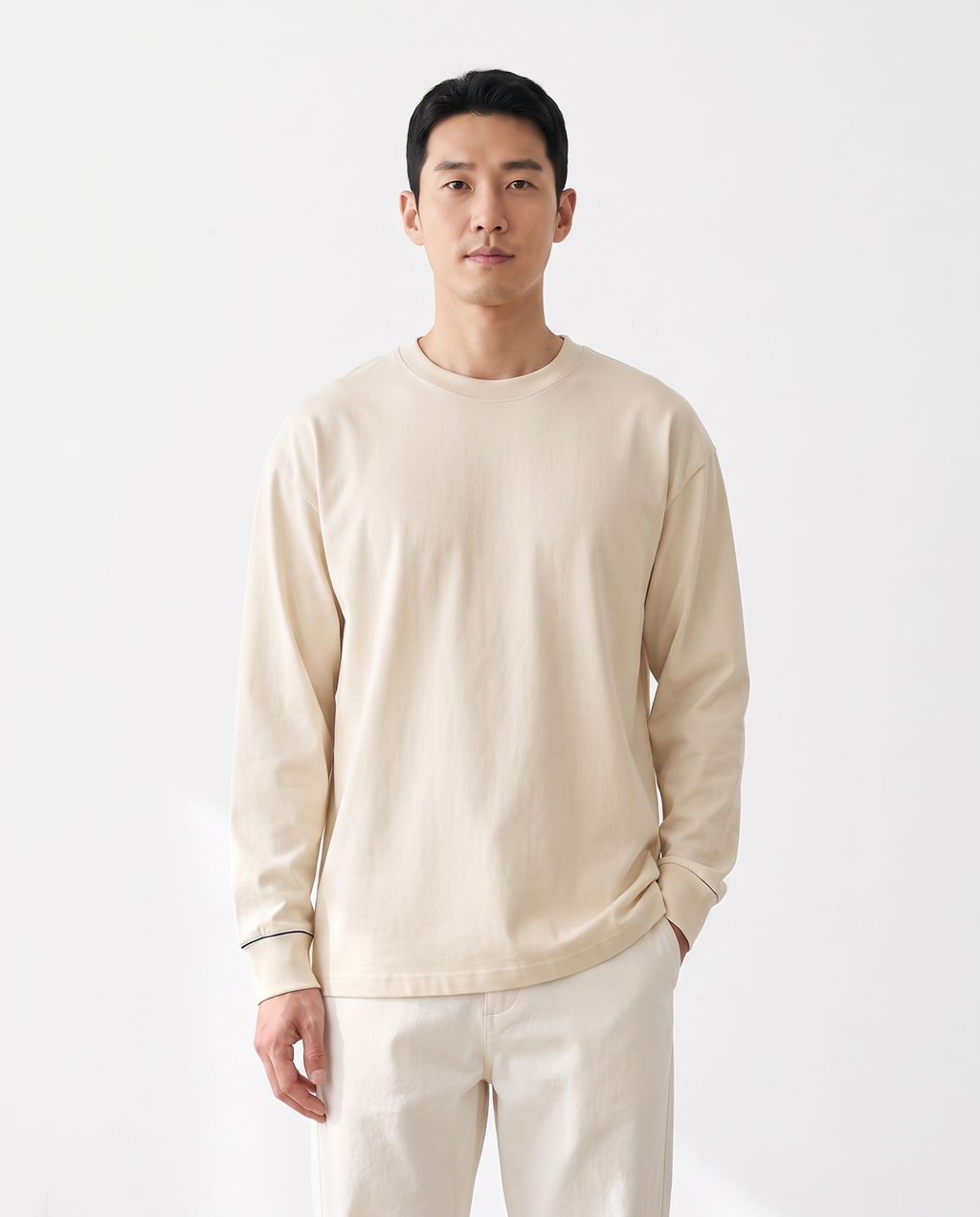 color::Milk Apricot|The Heavy Long Sleeve in milk apricot, front, on model