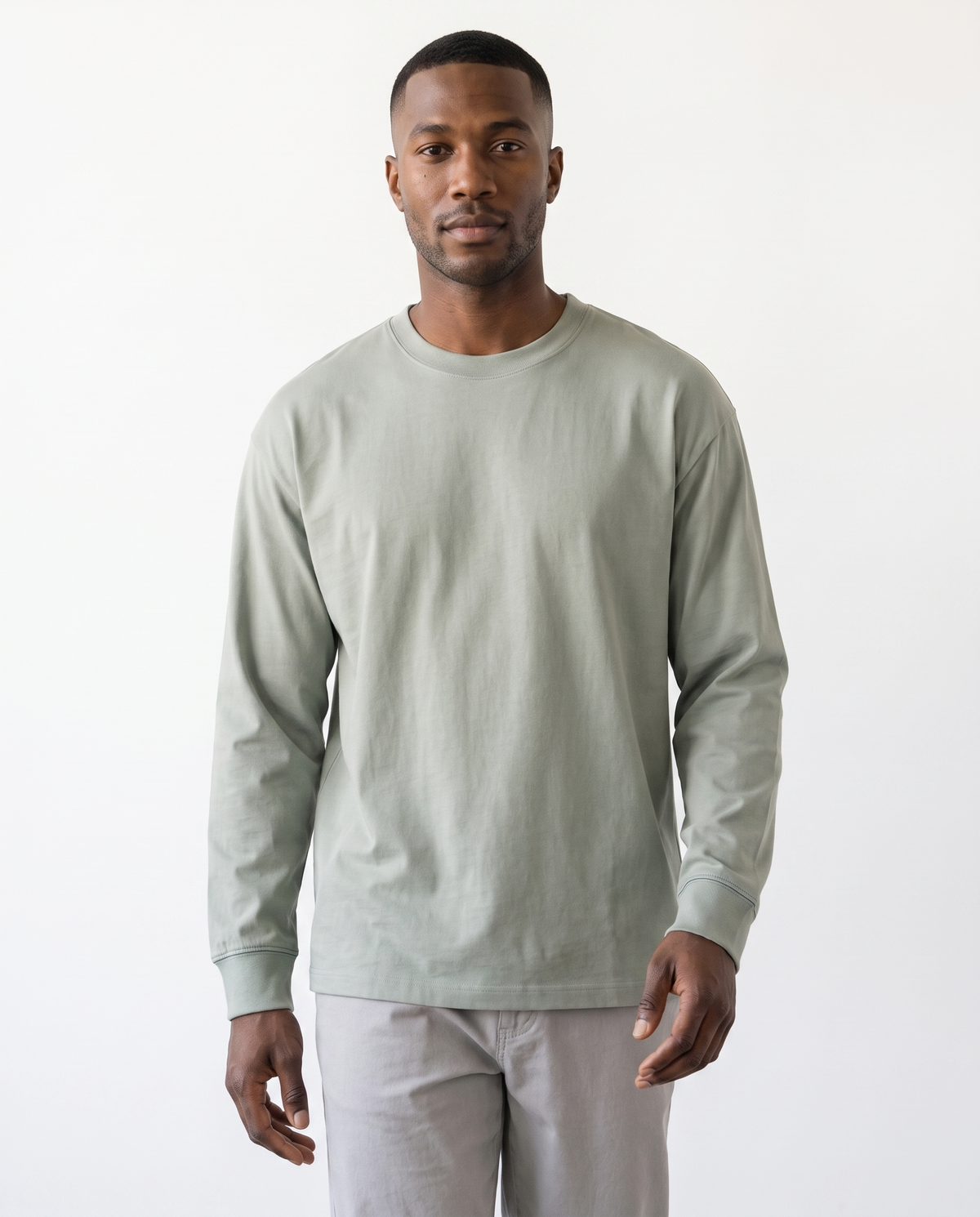 color::Gray Green|The Heavy Long Sleeve in gray green, front, on model