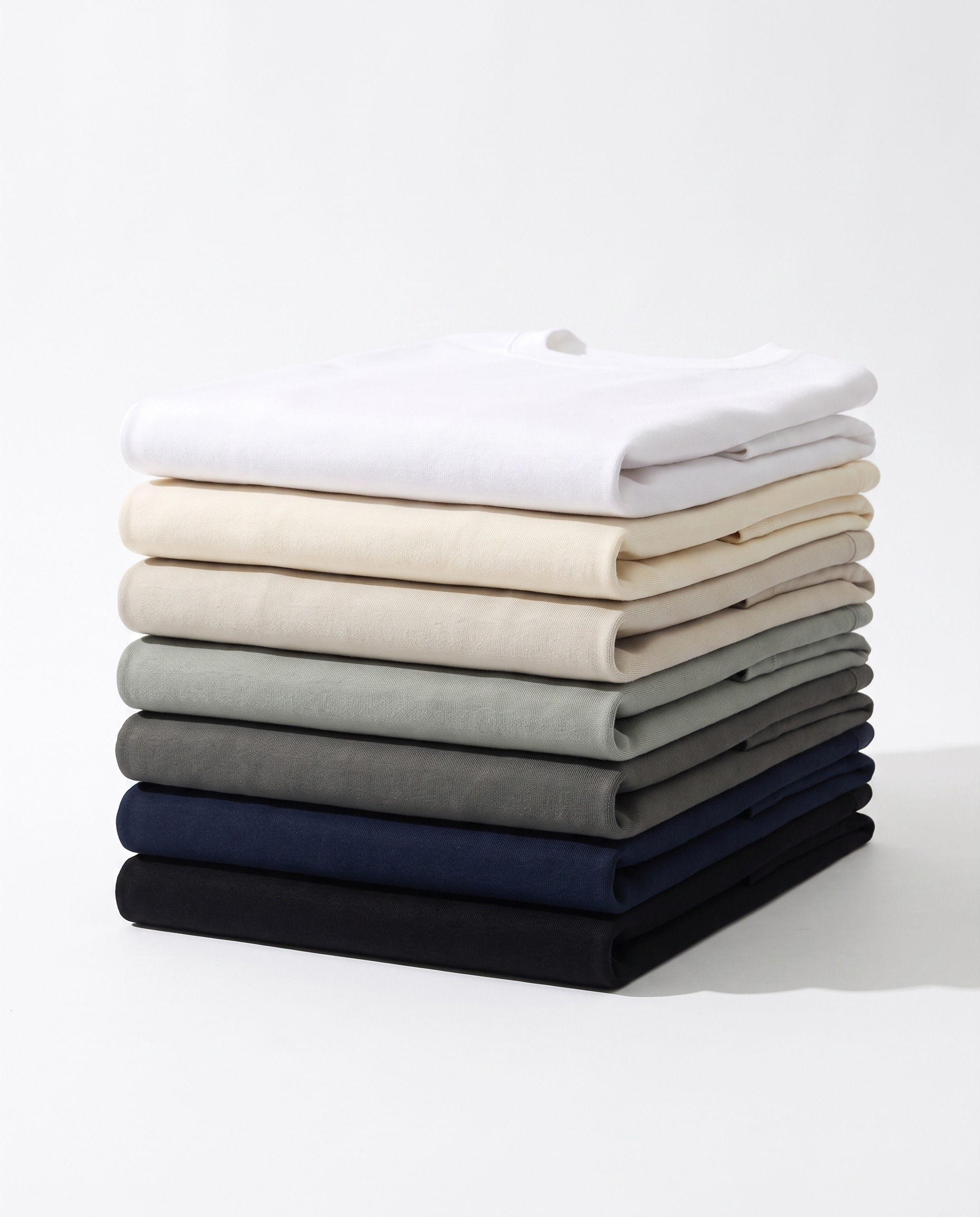 The Heavy Long Sleeve, all seven colors folded in a stack