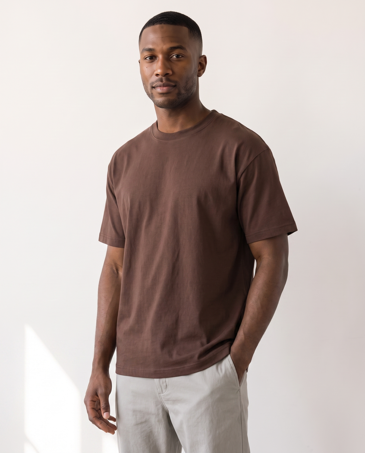 color::Latte|The Everyday Tee in latte brown, front, on model