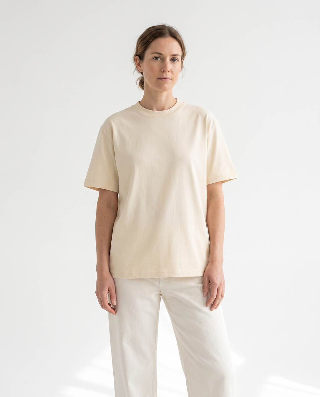 color::Apricot|The Everyday Tee in apricot, front, on model