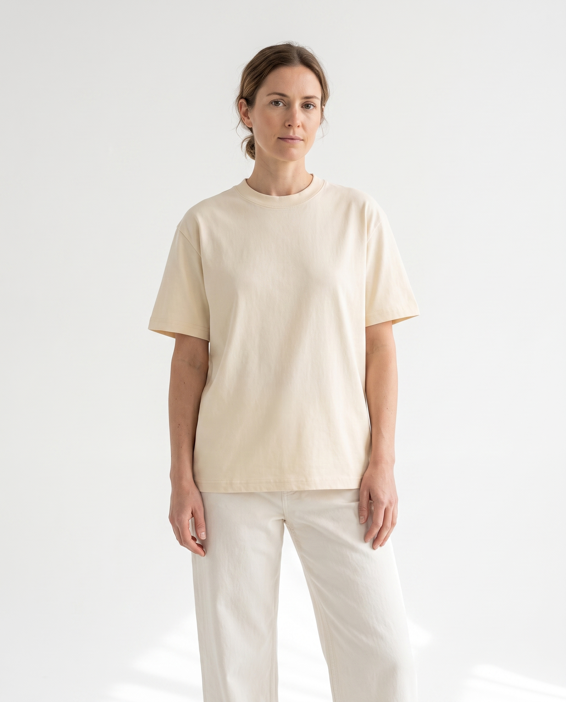 color::Apricot|The Everyday Tee in apricot, front, on model