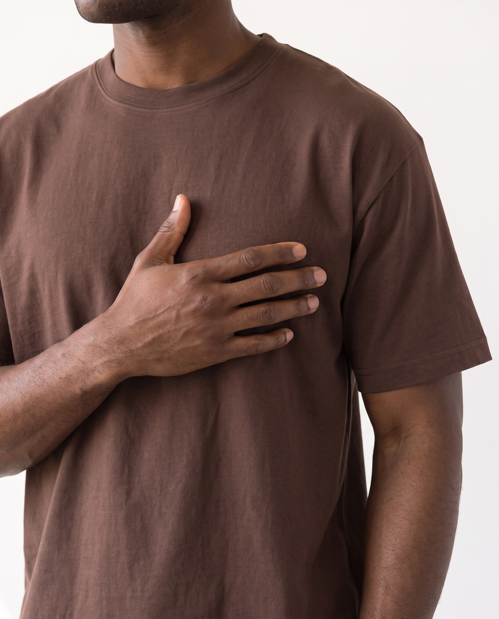 The Everyday Tee in latte brown, collar rib and fabric detail