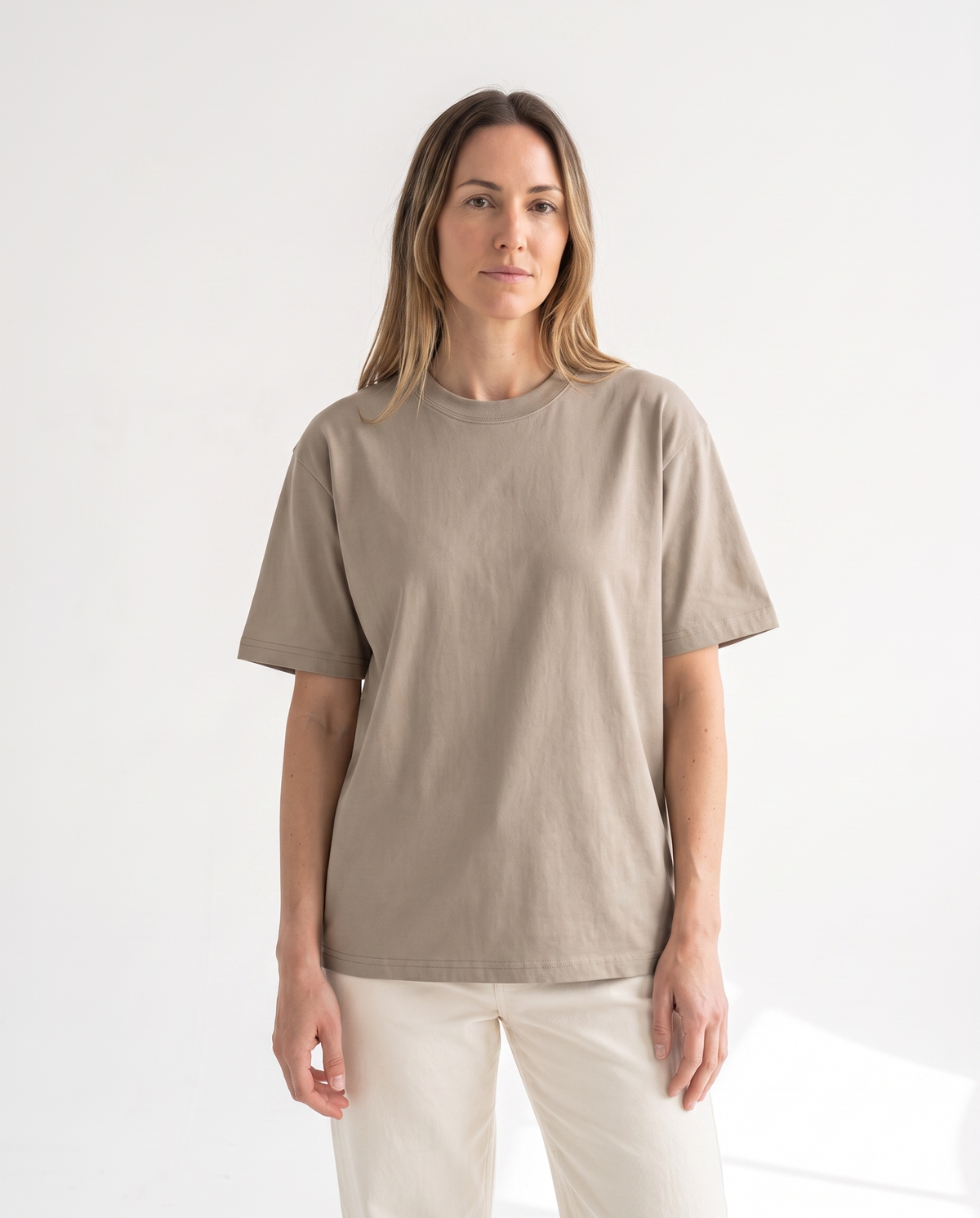 color::Khaki|The Everyday Tee in khaki, front, on model