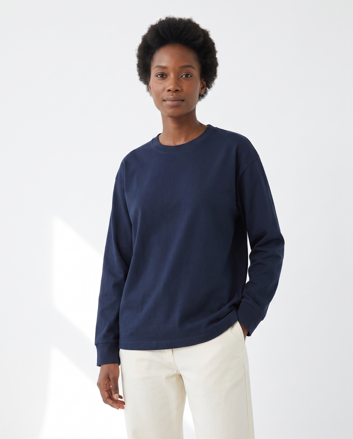 color::Navy Blue|The Heavy Long Sleeve in navy blue, front, on model