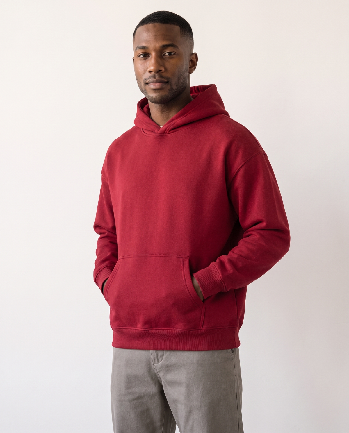 color::Red|The Heavy Hoodie in red, front, on model