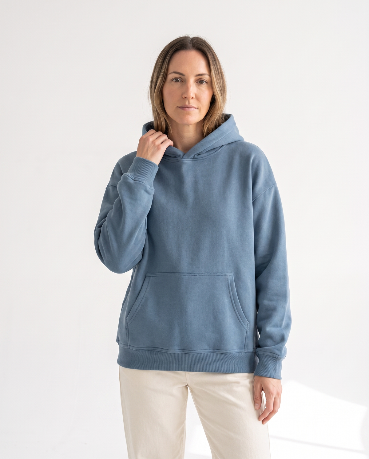 color::Slate Blue|The Heavy Hoodie in slate blue, front, on model