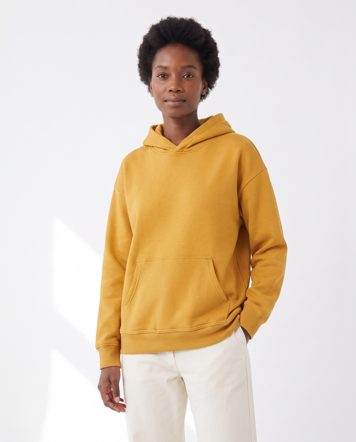 color::Mustard|The Heavy Hoodie in mustard, front, on model