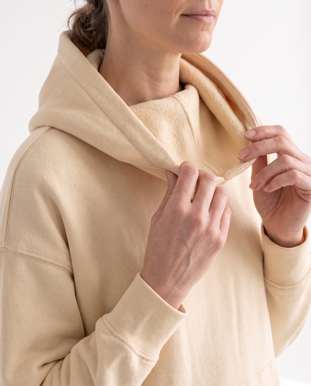 The Heavy Hoodie in apricot, hood construction detail