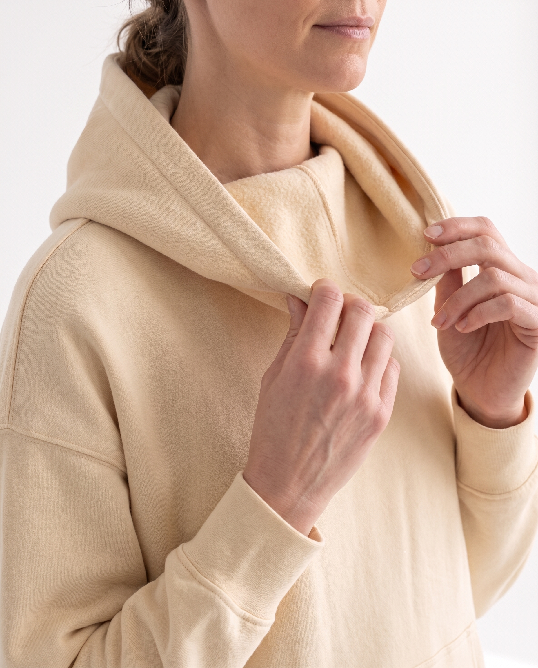 The Heavy Hoodie in apricot, hood construction detail