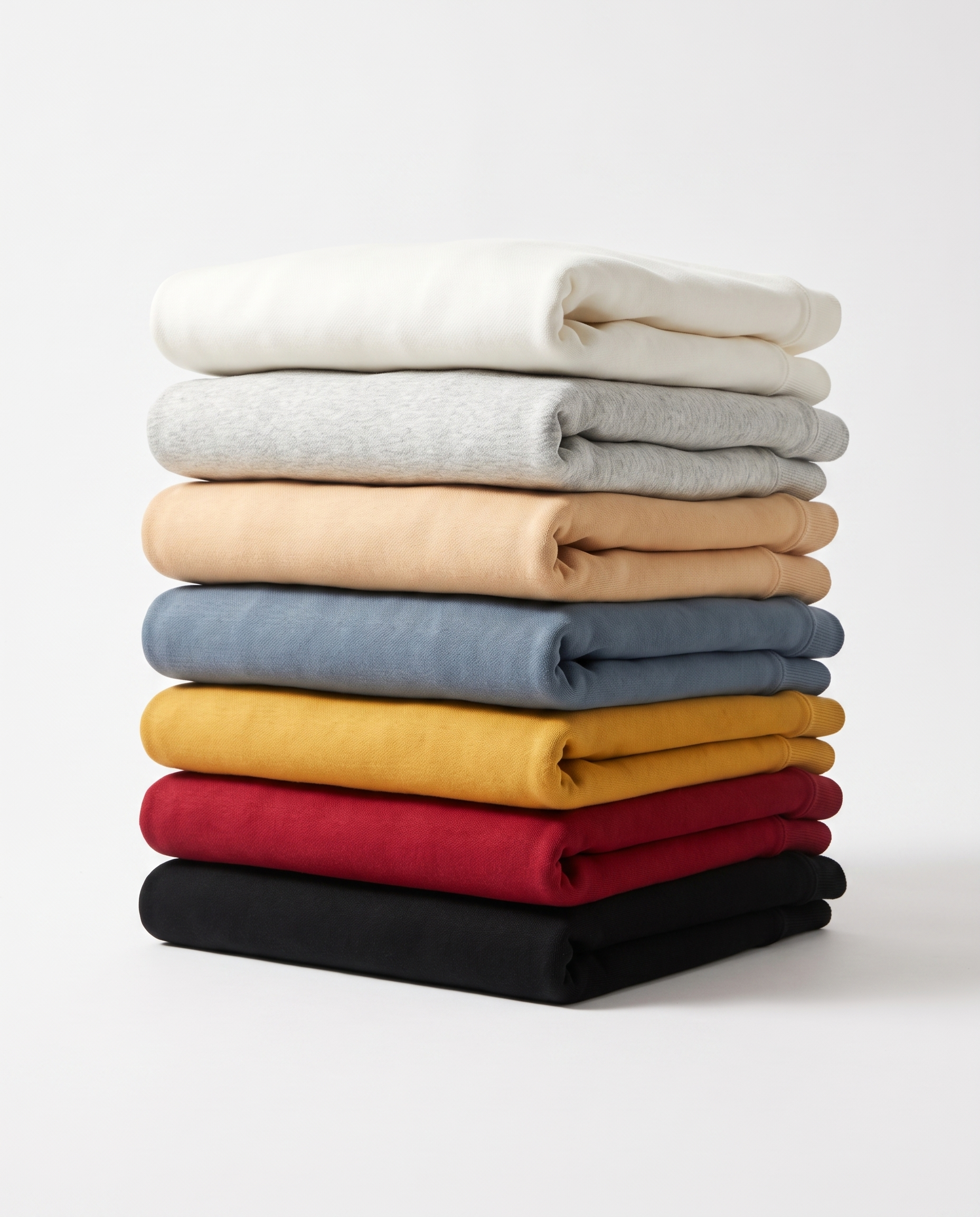The Heavy Hoodie, all seven colours folded in a stack