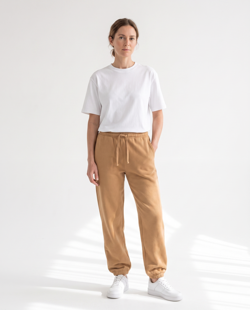 color::Camel|The Heavy Sweatpant in camel, front, on model