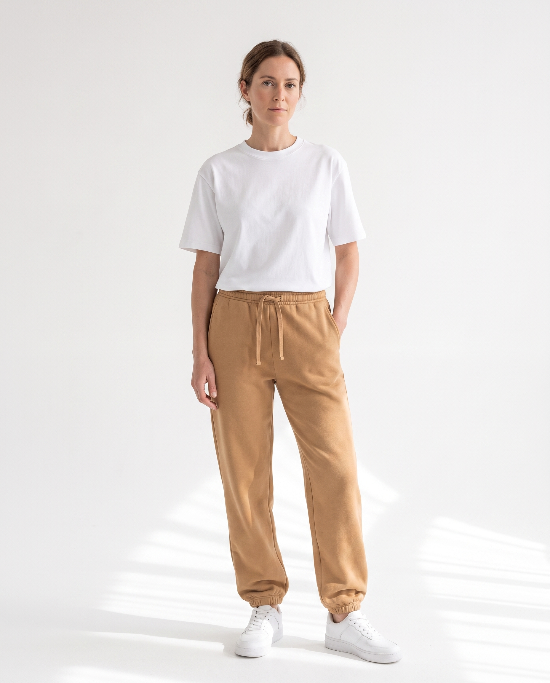 color::Camel|The Heavy Sweatpant in camel, front, on model