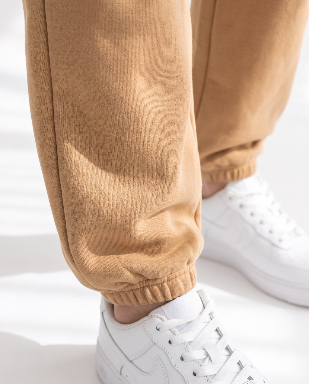 The Heavy Sweatpant in camel, elasticated ankle cuff detail