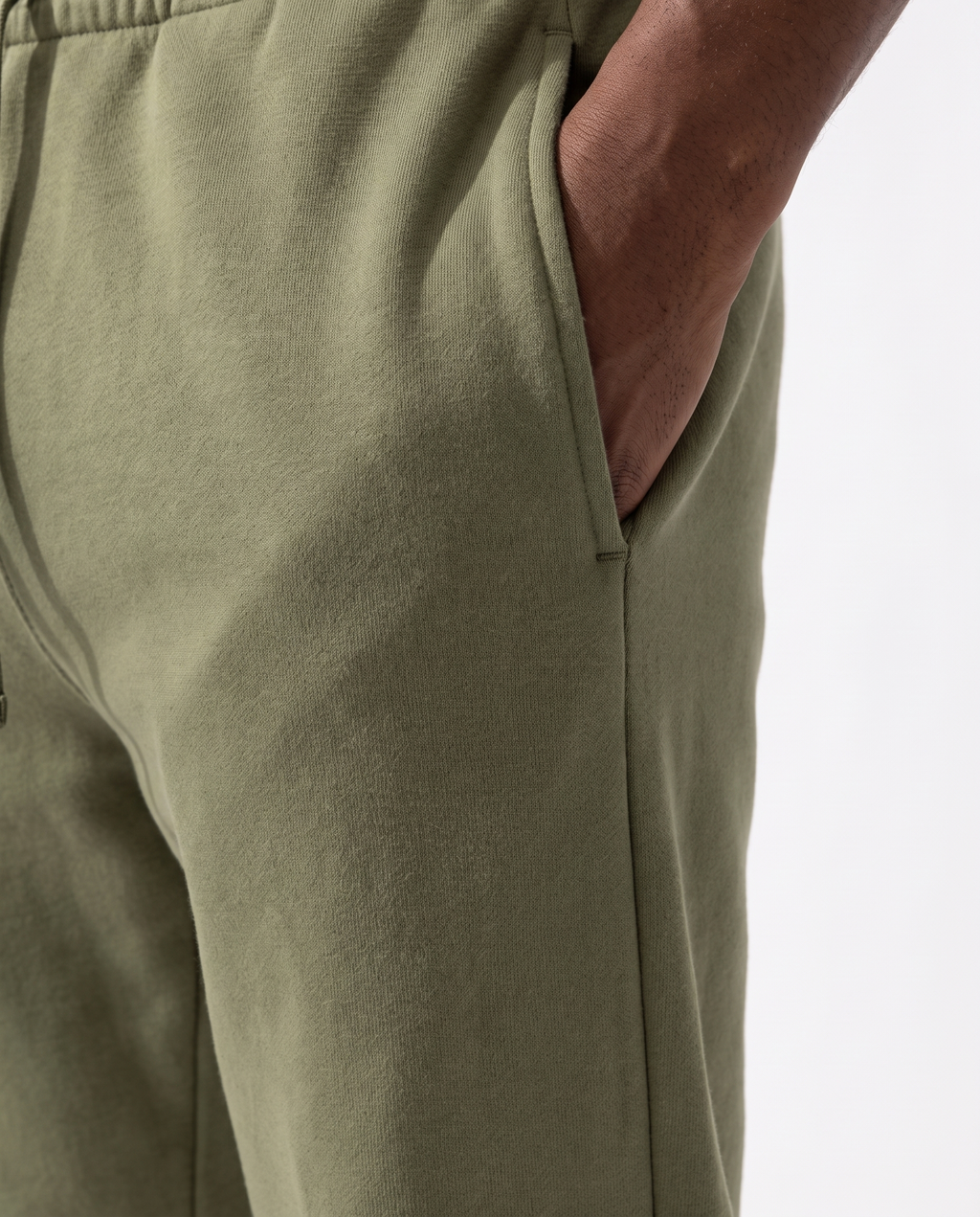 The Heavy Sweatpant in olive, side pocket and fleece texture detail