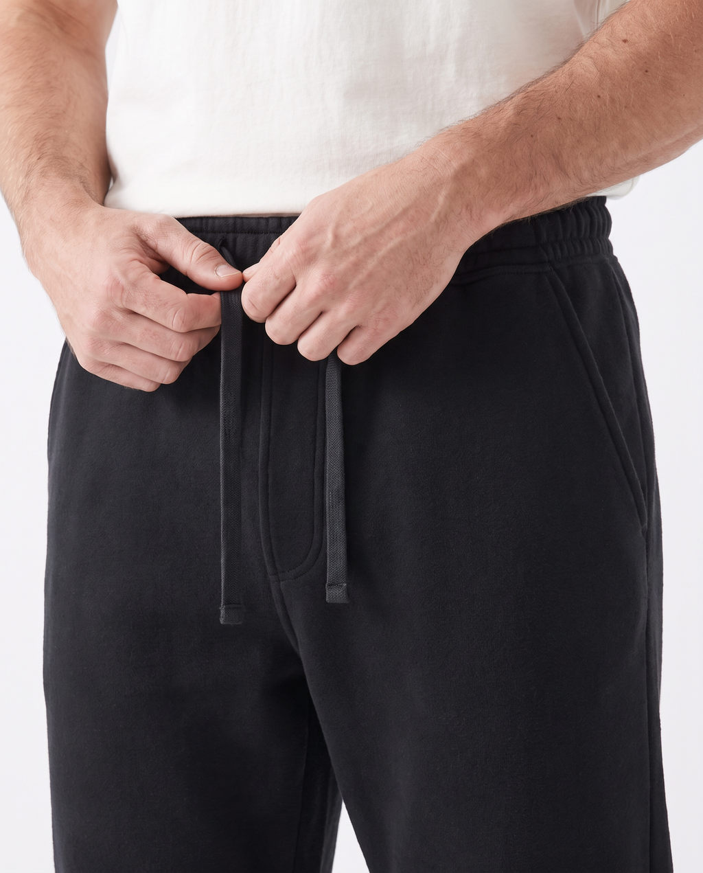 The Heavy Sweatpant in black, waistband and drawstring detail