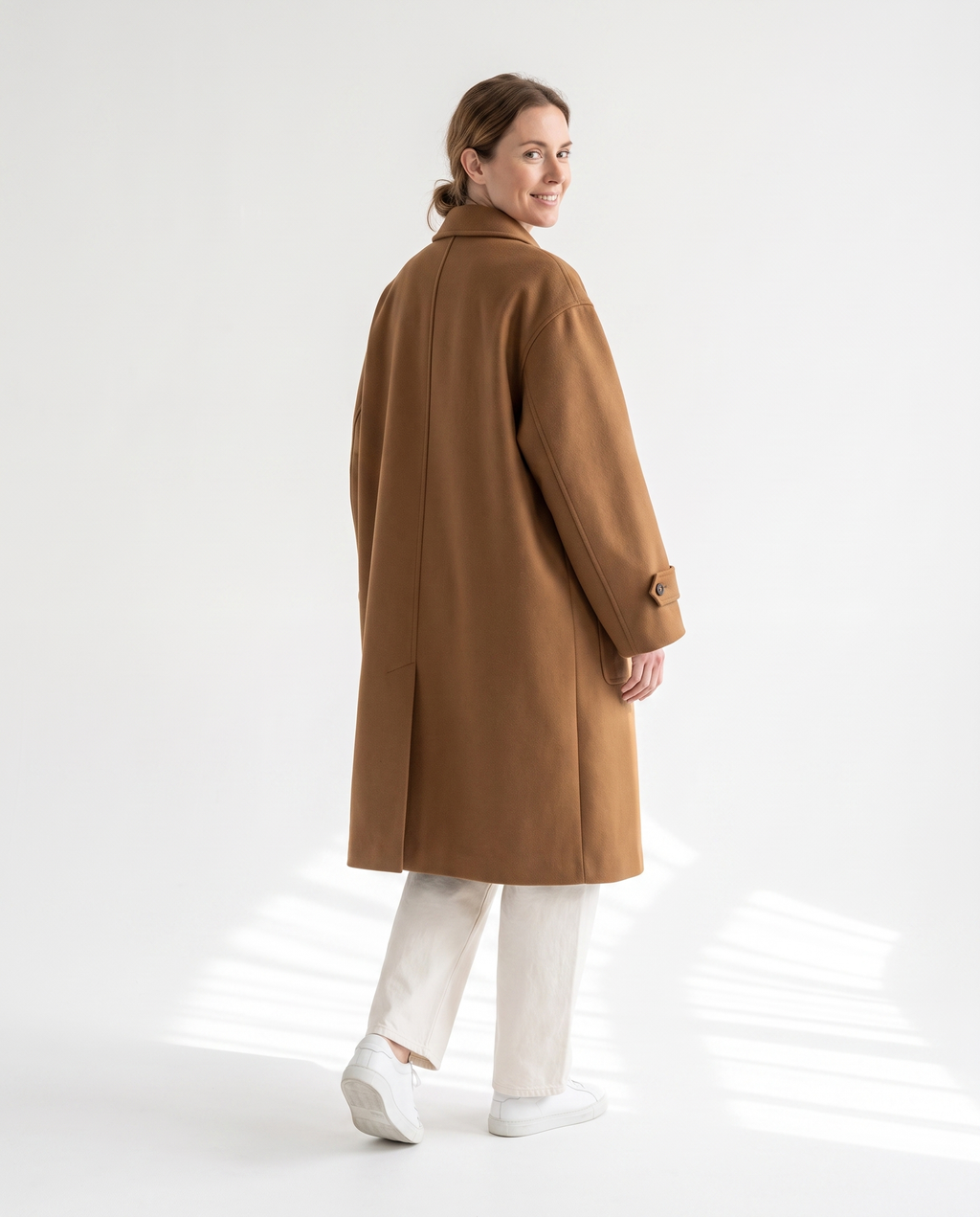 The Coat in camel, back view