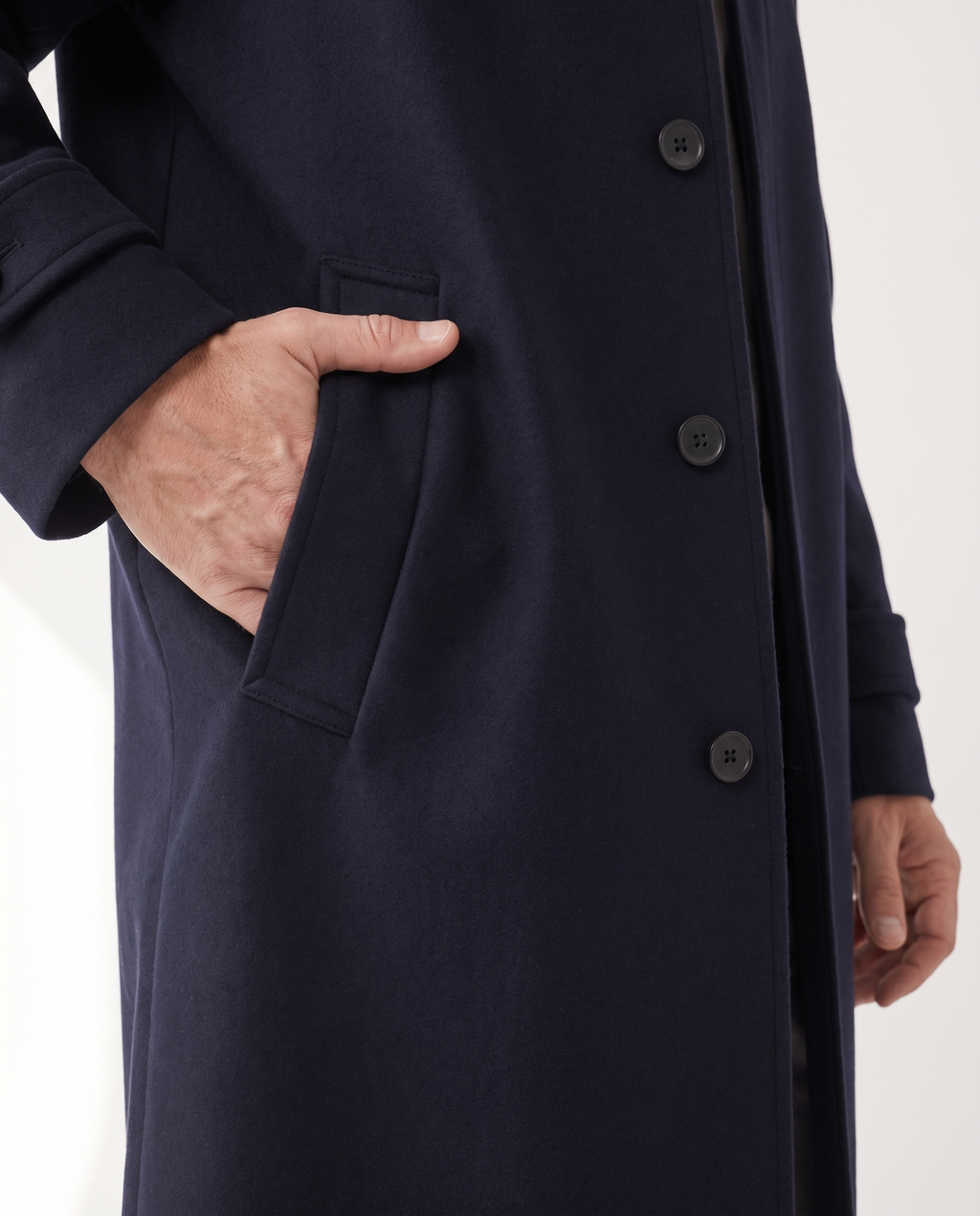 The Coat, slanted welt pocket detail in navy