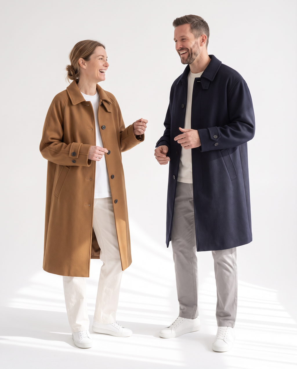 The Coat in camel and navy, both colours on models
