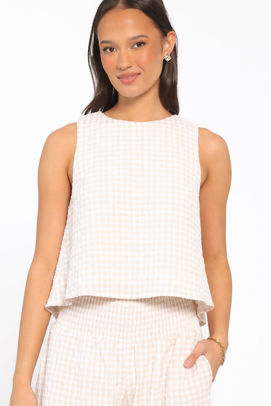 Jillian Smocked Pant Set - Beige Gingham